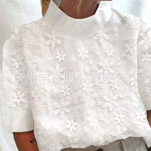 Kemeja wanita perca renda Linen katun, atasan dasar pakaian jalanan kasual longgar lengan setengah putih elegan baru musim panas 2024