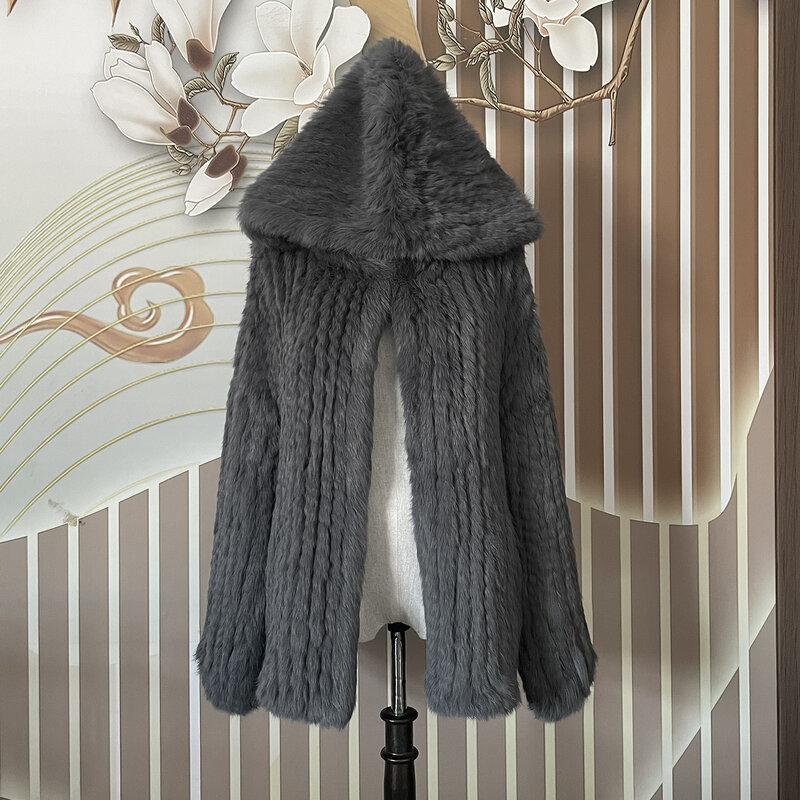Abrigo de punto de piel de conejo Natural Real para mujer, chaqueta con capucha de manga larga de lujo, ropa de abrigo gruesa de talla grande, Invierno