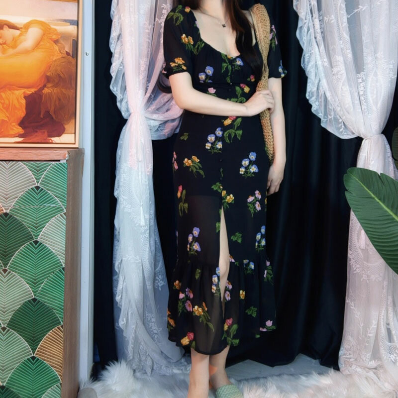 Damen bekleidung Vintage gebrochene Blumen Midi kleid Sommer sexy O-Ausschnitt Kurzarm elegante Taille Mode Split Button Kleider