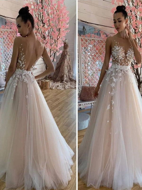 Seksowna plażowa iluzja koronkowa suknia ślubna z aplikacjami przezroczysta dekolt w szpic z ramienia suknia ślubna bez pleców vestido de novia
