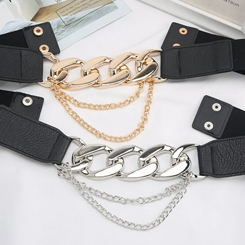 Cinturón elástico piel sintética para mujer, cinturón con cadena para traje, abrigo, vestidos, cinturón elástico, decoración