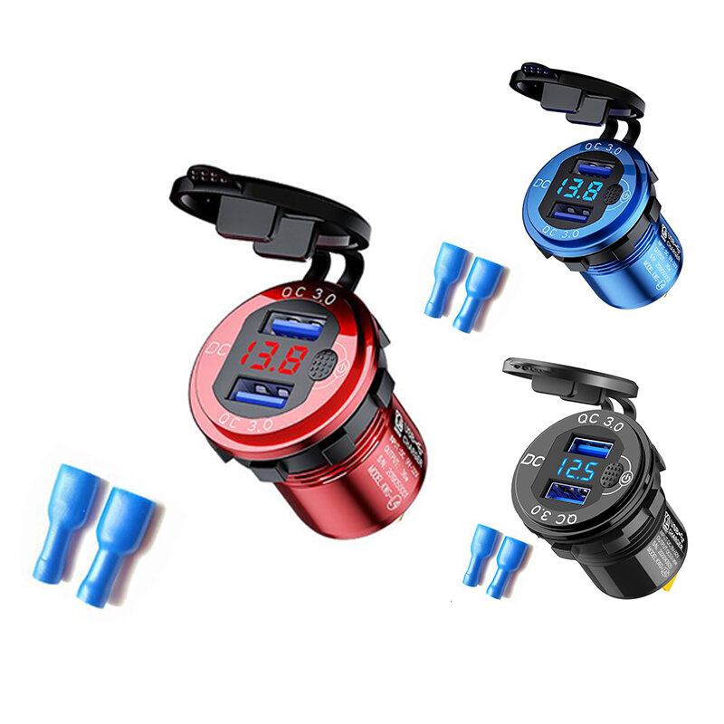 Quick Charge 3.0 Dual USB Car Charger With Voltmeter & Switch,36W 12V Outlet Charger For Car Boat Marine ATV Truck