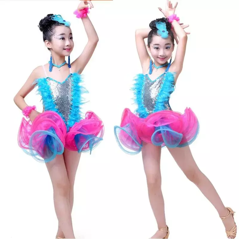 Girls Jazz Dancewear Costume Kids Child Dancing Tutu Dress Clothes for Girls Modern Latin Sequined Ballroom Party Dancing Dress