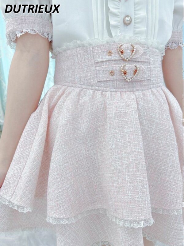 Rok Pantskirt pendek renda tenun hati ganda gesper Hati Jepang manis lucu anak perempuan pinggang tinggi serbaguna warna murni