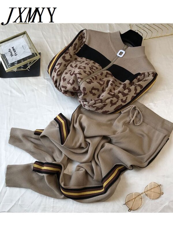 Conjunto com 2 peças de casaco leopardo, agasalho de malha com zíper e calça feminino suéter casual