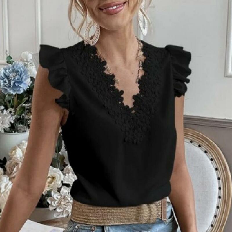 Women Summer Shirt Elegant Lace Flower Splicing V-neck Women's Summer Shirt with Ruffled Sleeves Slim Fit Solid for Streetwear