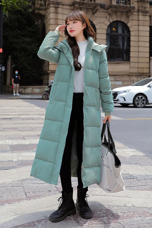 Женская длинная куртка-пуховик с капюшоном, однотонная теплая уличная одежда до щиколотки, с карманами, зима