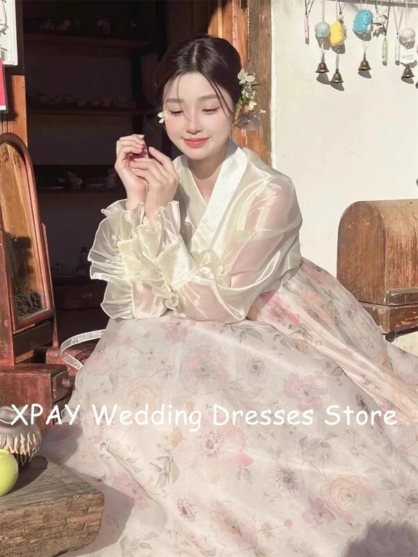XPAY V Neck Long Sleeves Korea Wedding Dresses For Wedding Photo Shoot Organza Pleats Garden Bridal Gowns Plus Size Custom Made