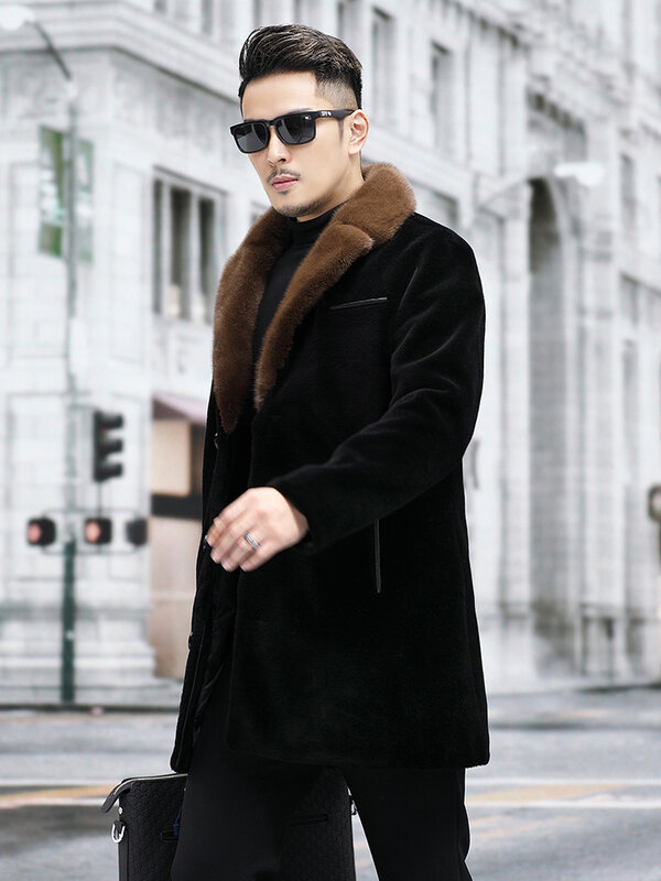 Casaco de gola de pele de vison real masculino, jaquetas masculinas de corte de ovelha, casaco de pele genuína, P509, moda inverno 2023