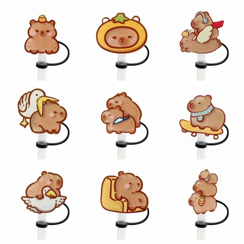 Capybara-cubiertas de paja a prueba de salpicaduras, juego de tapones reutilizables a prueba de derrames, dibujos animados creativos, 10mm