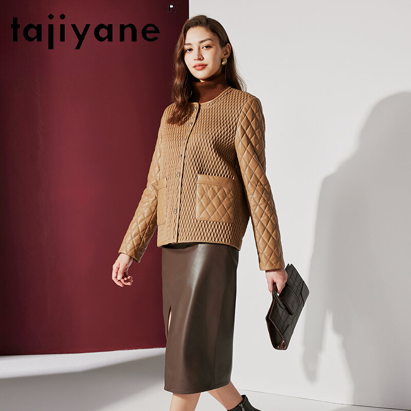 Tajeyane-abrigo de piel de oveja para mujer, chaqueta corta de algodón plisado con cuello redondo, de piel auténtica, a la moda, invierno, 100%
