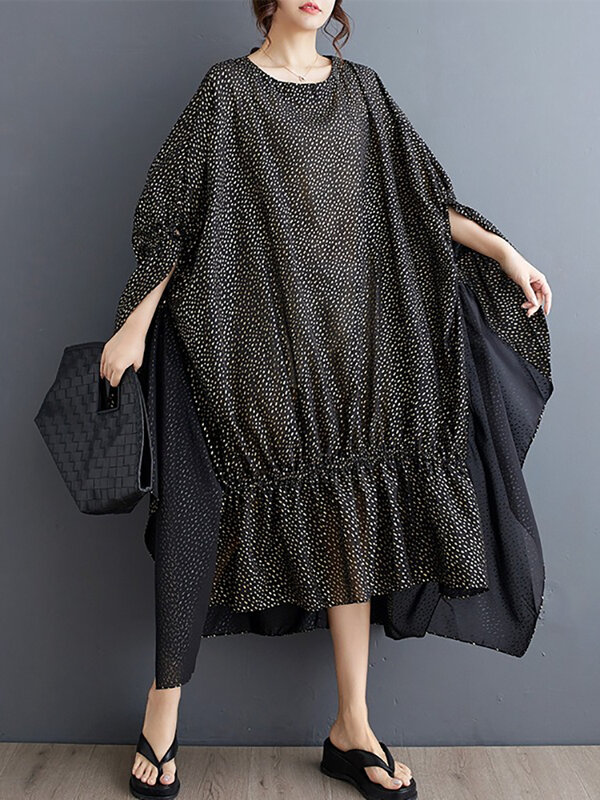 XITAO 웨이브 포인트 폴드 배트윙 슬리브 드레스, 비대칭 O넥 패치워크, 느슨한 패션 풀오버 원피스, 2024 여름 신상, ZY8677