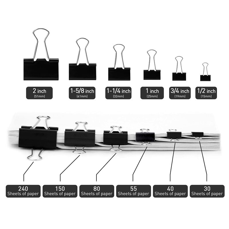 12pcs Black Metal Binder Clips File Paper Clip 19 25 32 41 51mm Notes Letter Clip School Office Stationery Supplies Book Clip