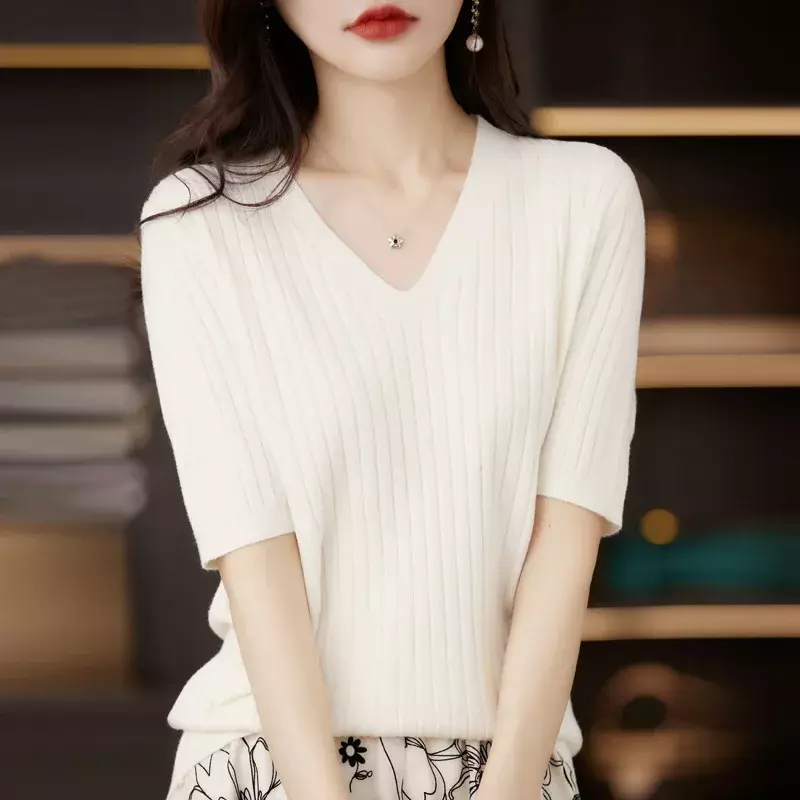 เสื้อถักคอวีแขนสั้นสำหรับผู้หญิงเสื้อ MODE Korea เสื้อเชิ้ตรัดรูปแบบสวมหัวเดรสยาวหน้าร้อน atasan rajut บาง2024