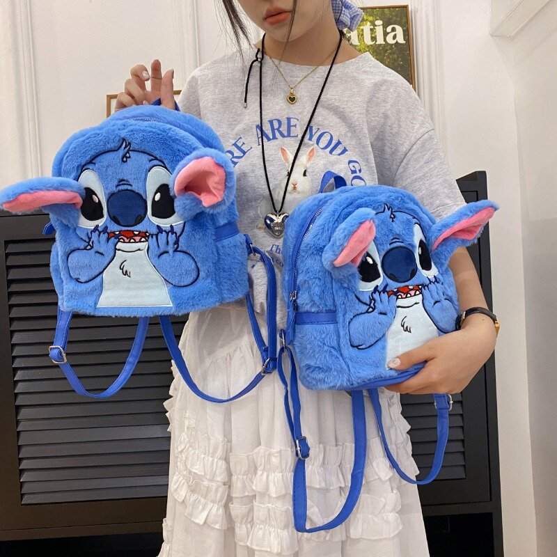 Disney Stitch mochila de pelúcia feminina, moda dos desenhos animados, mini mochila 3D, grande capacidade, mochila infantil fofa, alta qualidade, nova