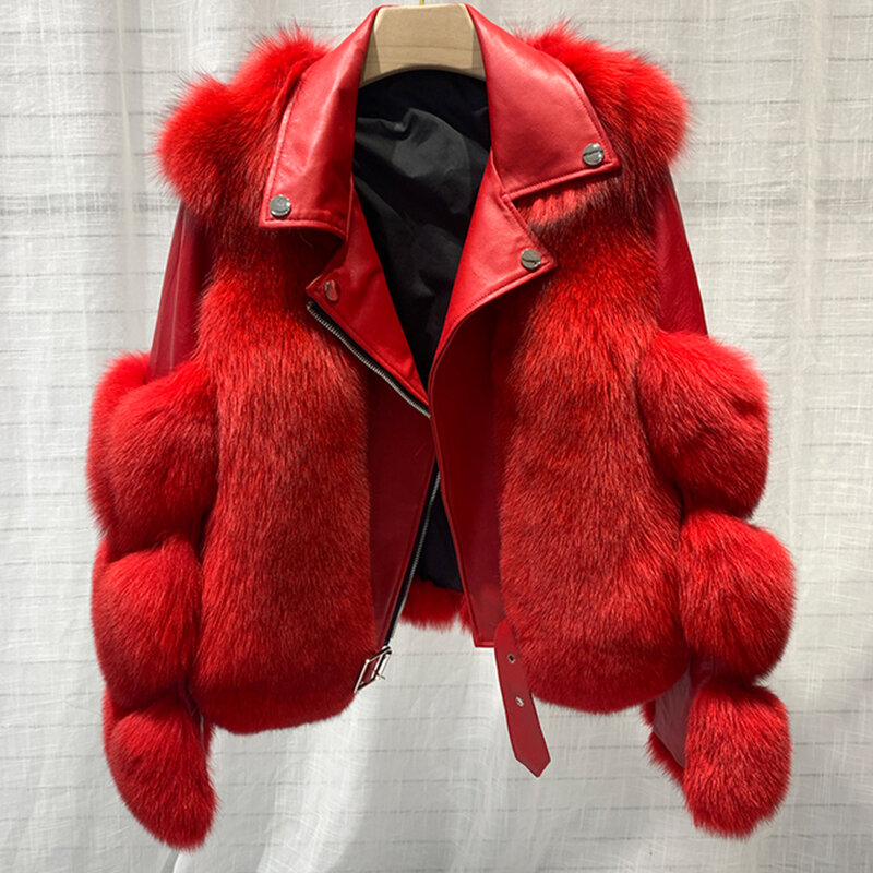 2023 New Women Leather Jackets Short Real Fox Fur Coats Luxury Genuine Sheepskin Lady Overcoat Winter Warm Fashion Outwear 7844