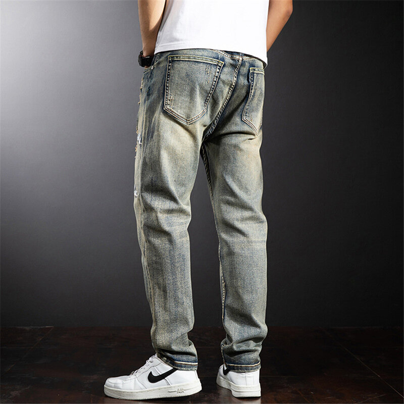 Dragão bordado calças de brim dos homens streetwear calças jeans moda rasgado calças jeans plus size 38 40 calças masculinas bottoms