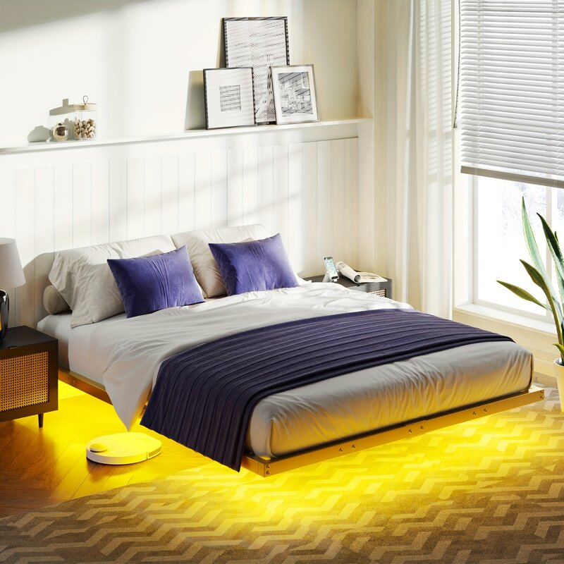 Marco de cama flotante, cama de plataforma de Metal resistente con luces LED, sin resorte de caja necesario/sin ruido