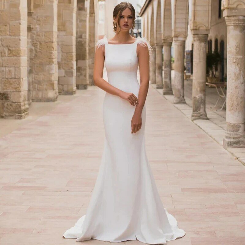 Gaun pernikahan putri duyung elegan 2023 gaun pengantin Crepe bulu mutiara punggung terbuka gaun pengantin Satin ukuran kustom