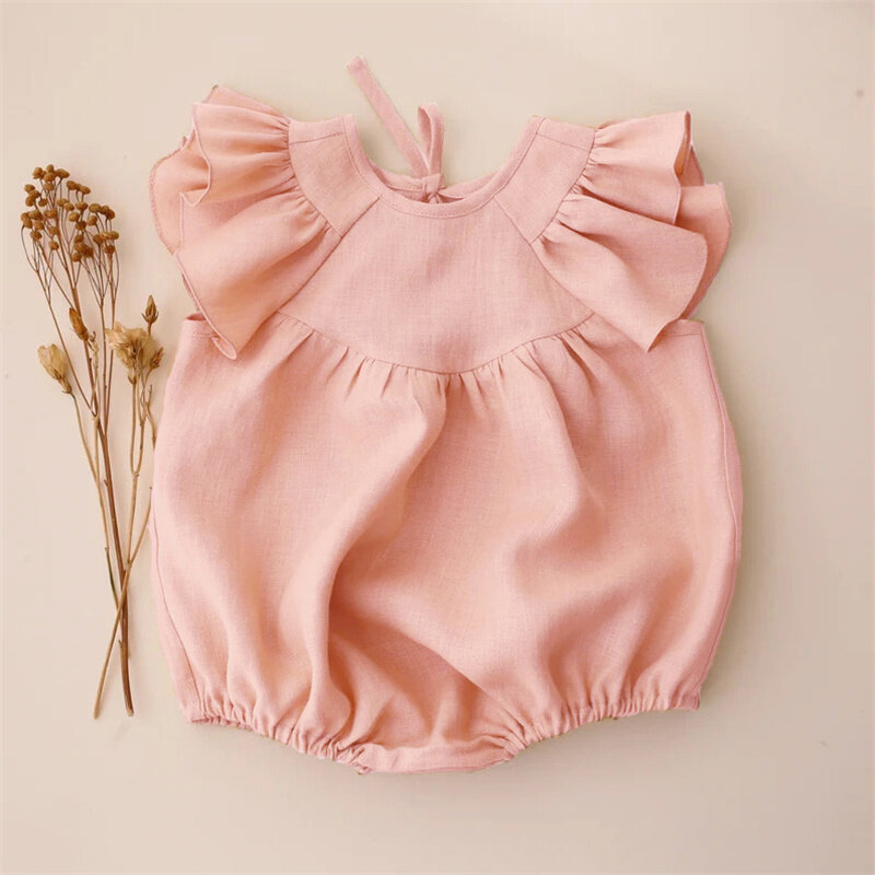 Romper Bayi Perempuan Musim Panas Ruffle Katun Linen Baju Bayi Baru Lahir Bebe Satu Potong Baju Bayi Balita Baju Bayi Perempuan