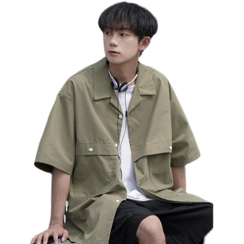 2024 New Summer Short Sleeved Shirt for Boys Hong Kong Style Solid Color Casual Loose Shirt