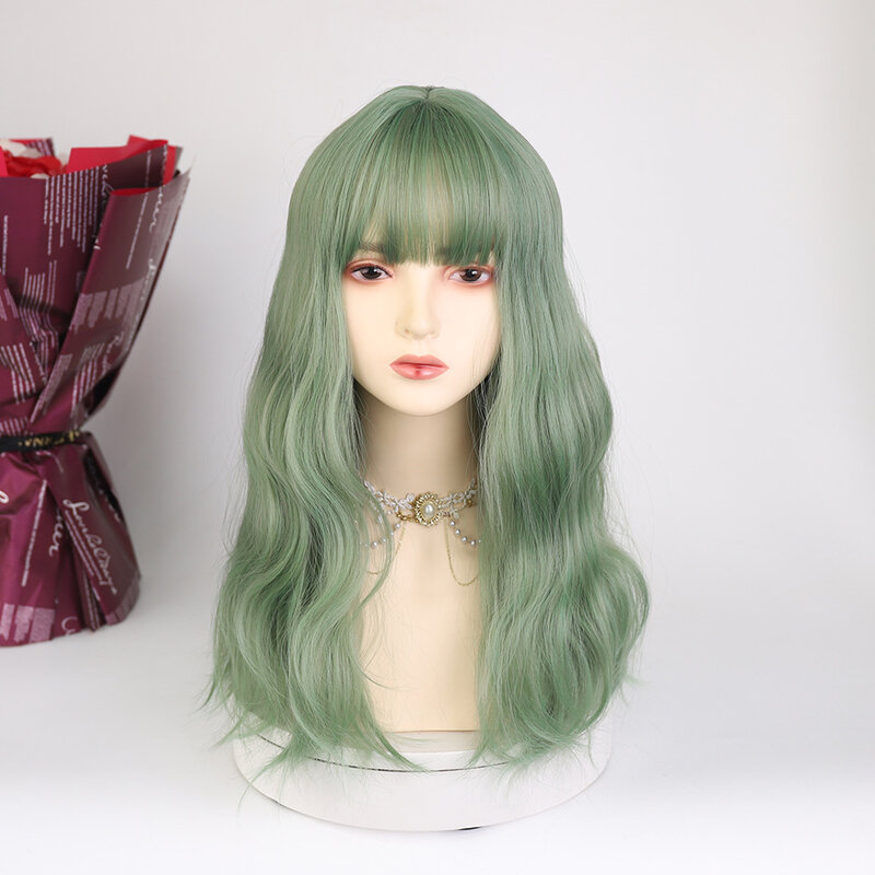 Wig wanita kepala penuh, Set rambut palsu baru dengan poni udara, rambut keriting panjang sedang Hijau, rambut lurus, serat sintetis hijau ceruk, lucu