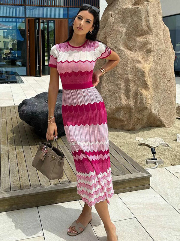 Women Elegant Contrast Knitted Slim Maxi Dress Round Neck Short Sleeve Dresses Lady Vacation Casual Street Vestido
