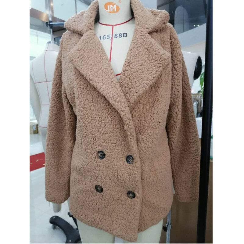Autumn and winter women's clothes Lapel double breasted loose lamb Plush clothes lamb cashmere coat women