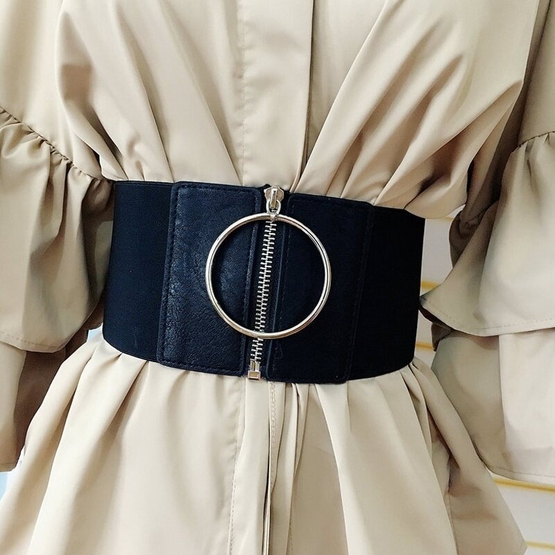 Cinturón muy ancho para mujer, cinturones elásticos para vestidos, anillo circular de Metal grande, correa de cintura negra