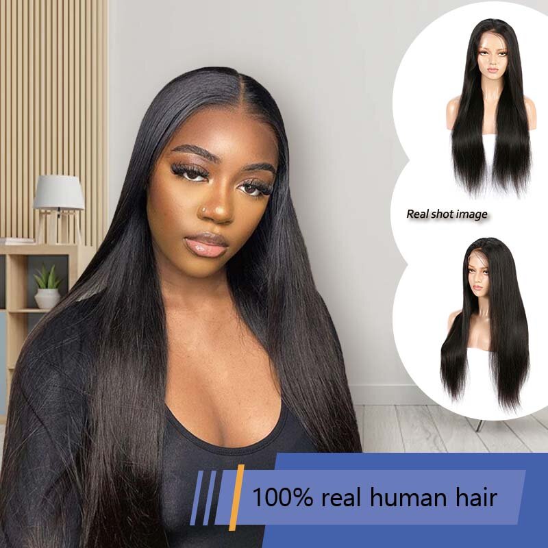 Peluca de cabello humano liso para mujer, pelo largo brasileño negro, 13x4, 13x6, diadema de encaje frontal, sin pegamento, listo para usar