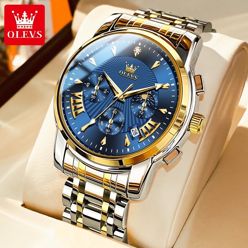 OLEVS-Men's Luxury Moon Phase Chronograph Quartz Watch, aço inoxidável, impermeável Sport relógios de pulso, 24 horas, Top Brand