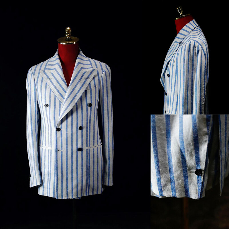 Smoking masculino azul de riscas Peaked lapela, blazers trespassado, ternos sob medida, ocasiões especiais, novo estilo, 1 pc