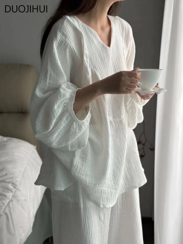 DUOJIHUI Корейская однотонная повседневная домашняя пижама для женщин новые женские базовые пуловеры с длинным рукавом простые брюки модный пижамный комплект
