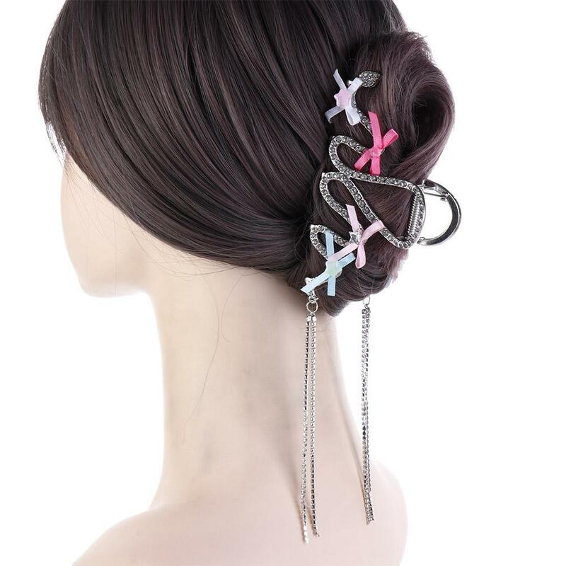 Rhinestone Women Hair Claw Trendy Alloy Cloth Ponytail Clip Bow Knot Tassel Hair Accessory Party