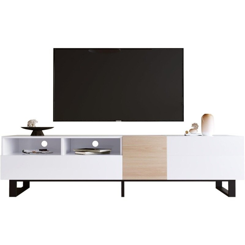 Modern TV Stand with 3 Cabinets & Open Shelves, Minimalist Wooden Entertainment Center for TVs Up to 80”, Sturdy TV Console