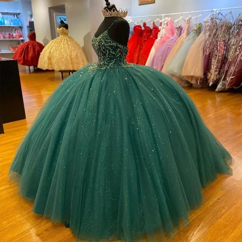 Ciemnozielone sukienki na ramiączkach z Quinceanera z cekinami kryształowymi Vestidos De 15 Años formalna suknia balowa