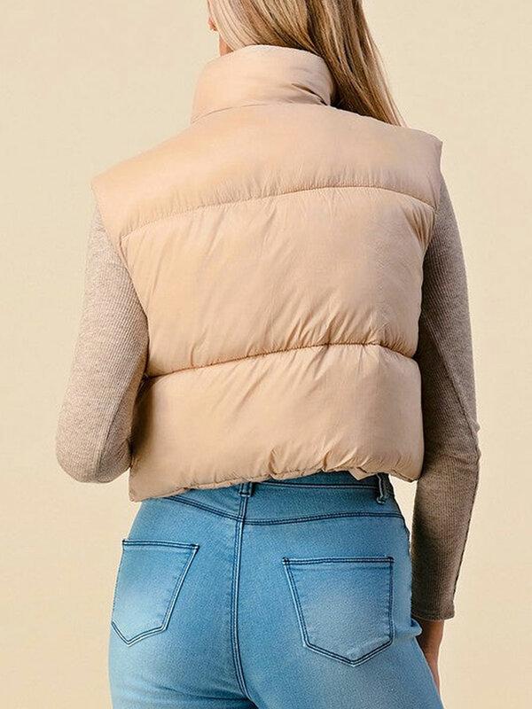 Women’s Padded Vest Sleeveless Solid Color Zip Up Crop Puffer Gilet Winter Warm Quilted Coat Outwear