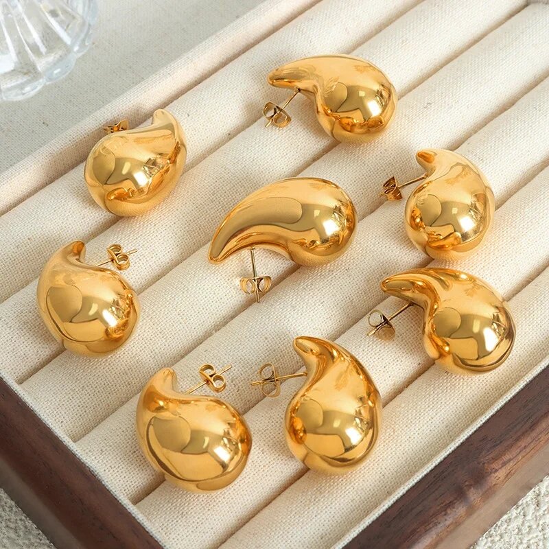 Vintage Glossy Waterdrop Dangle Earrings for Women Lightweight Hollow Thick Teardrop Gold Color Chunky Hoops Fashion Jewelry