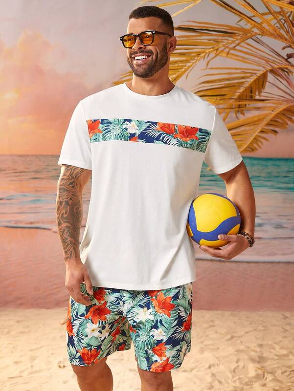 Terno combinando cores masculino, camiseta e shorts de praia casual, estampado tropical, verão