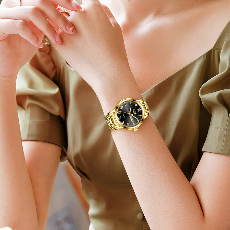 Часы наручные LIGE женские золотистые, креативные водонепроницаемые с браслетом из стали, 2023