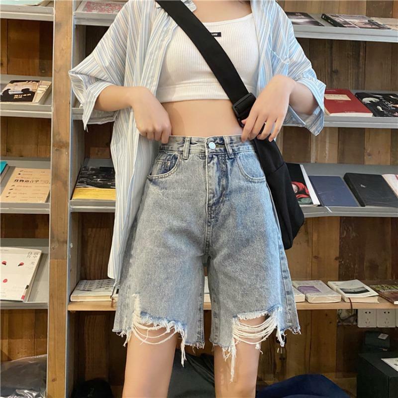 Shorts coreanos soltos e angustiados para mulheres, cintura alta, emagrecedor e versátil, perna reta, perna larga, jeans de cinco partes, verão
