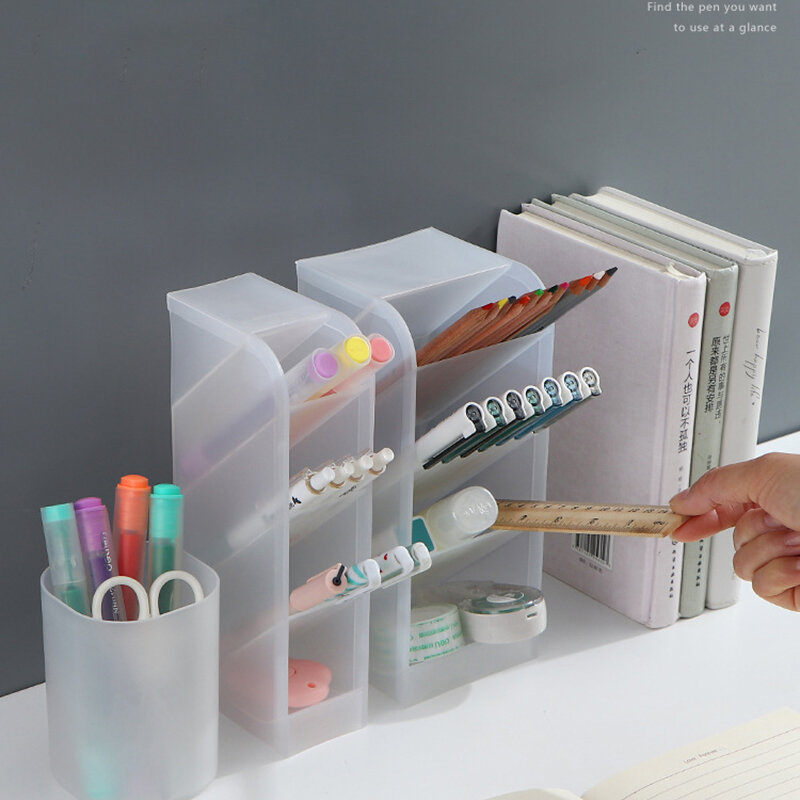Portalápices de inserción oblicua transparente creativa, organizador de escritorio de 4 rejillas, soporte multifuncional para brochas de maquillaje, organizador de papelería