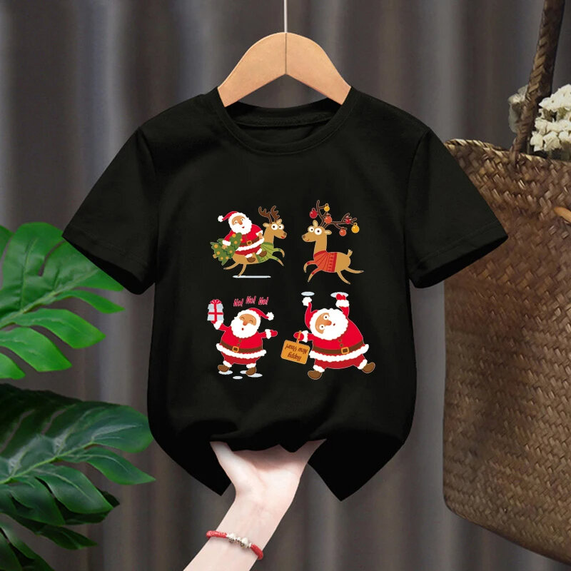 Рождественская Новинка, модные забавные детские черные футболки с графическим принтом Санта-Клауса, Детская футболка с коротким рукавом для мальчиков, повседневные топы для девочек, футболка