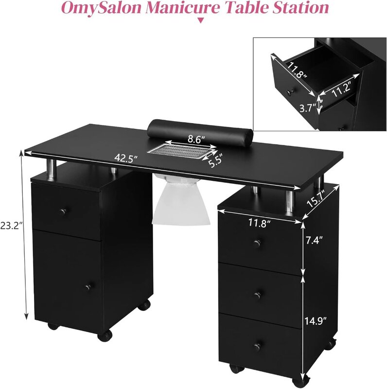 Manicure Desk para Nail Tech Estação de Manicure Coletor de pó elétrico Maquiagem de unhas Armazenamento de salão de beleza Acetona