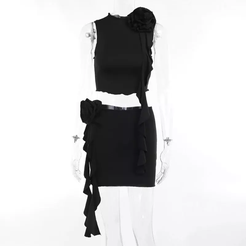 Новинка лета 2024, стильный облегающий Модный повседневный женский топ с цветочным принтом, облегающая короткая юбка, Острый Женский комплект