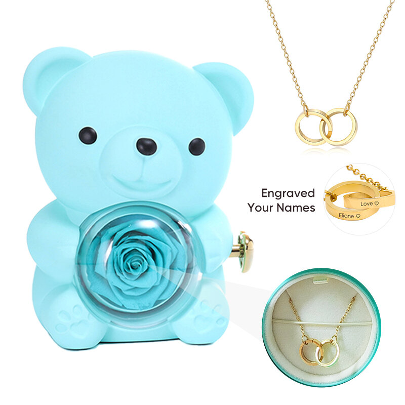 Joyero de oso de peluche de Rosa eterna giratoria con nombre grabado, collar redondo OO para niña, idea de regalo del Día de San Valentín, nuevo, 2024