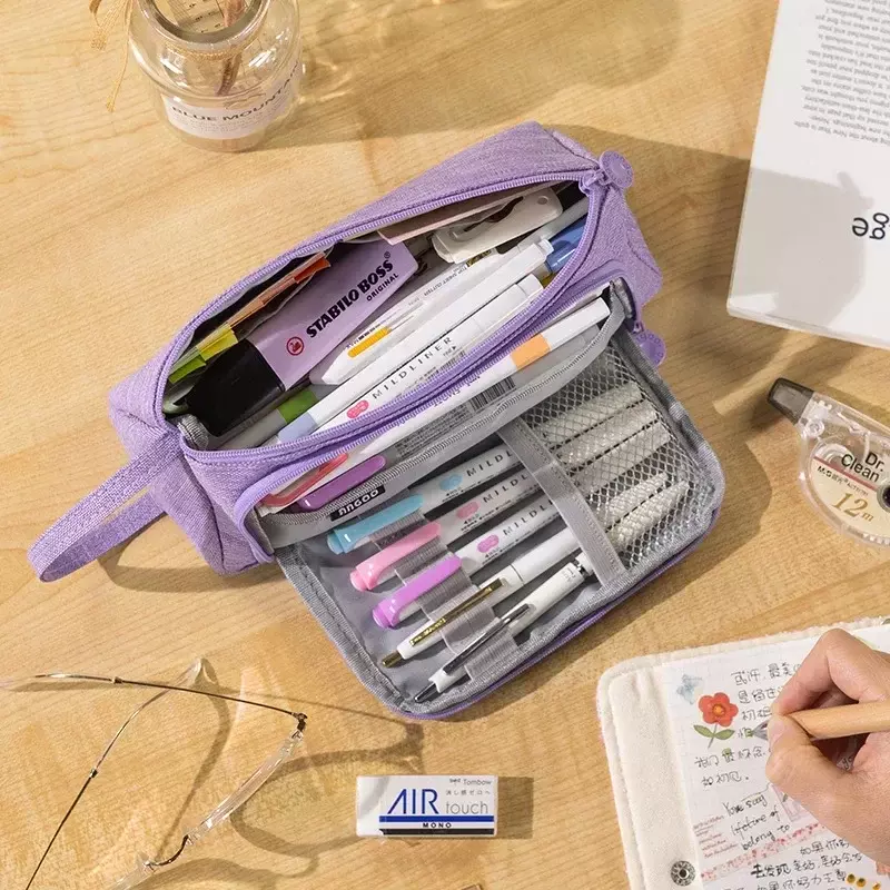 Sac de rangement pour stylos et crayons pour enfants, sacoche multi-couches de grande capacité, sac de rangement de voyage pour cosmétiques, trousse à crayons à carreaux Simple