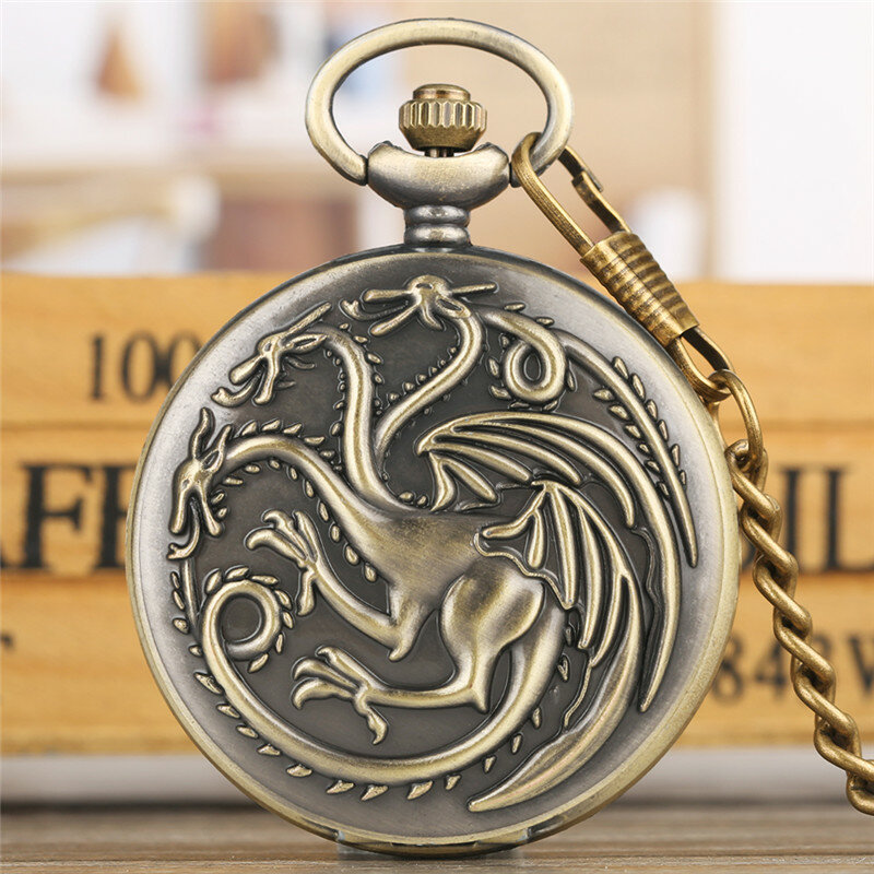 Bronze แกะสลักมังกรรูปแบบจี้นาฬิกาควอตซ์สำหรับชายสร้อยสตรี Chain นาฬิกาภาษาสวีดิชคำจอแสดงผล Reloj