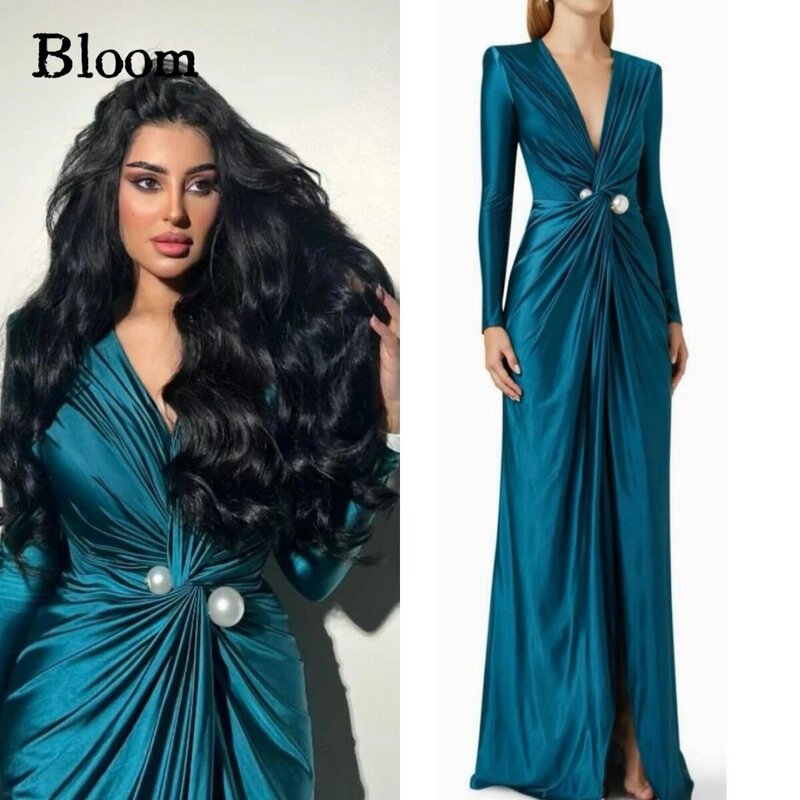 Bloom V-neck Long Sleeves Formal Evening Dress Pearls Ruched Floor-length Elegant Women Wedding Party Dresses For Prom