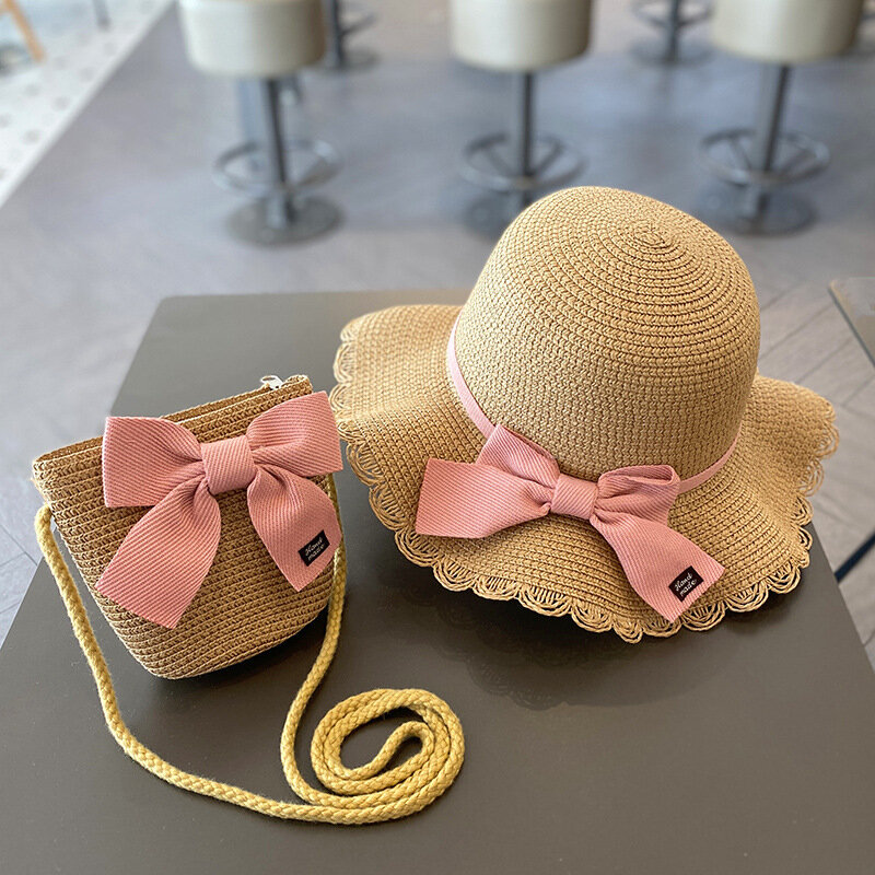 Summer Girls Beach Sun Hats Lotus Leaf Brim Cute Squinting Eyes Bowknot Outdoor protezione solare bambini Straw Cap Kids